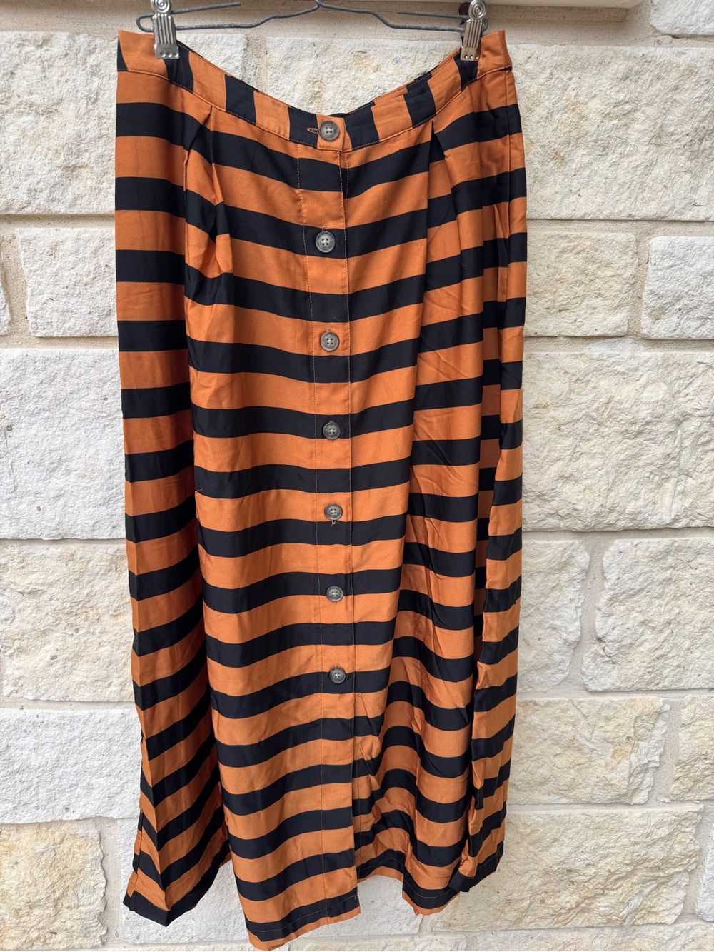 Who What Wear Striped Button-Front Midi Skirt in Burnt Orange and Black